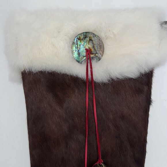 Handmade Cowhide Brown Christmas Stocking Rabbit Fur 20" Western Cowgirl Boho - Picture 2 of 10